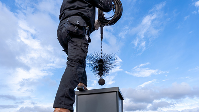 chimney sweep with stovepipe hat upon the roof